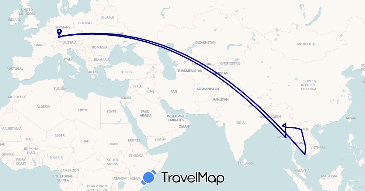 TravelMap itinerary: driving in Germany, Cambodia, Laos, Myanmar (Burma) (Asia, Europe)