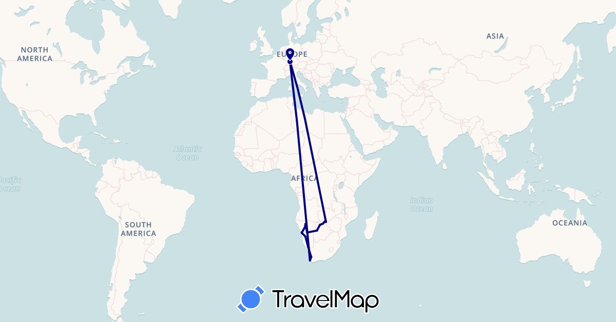 TravelMap itinerary: driving in Botswana, Germany, Namibia, South Africa, Zimbabwe (Africa, Europe)