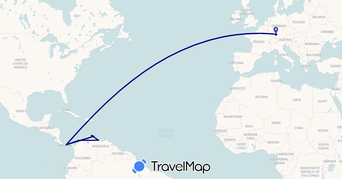 TravelMap itinerary: driving in Aruba, Colombia, Curaçao, Germany, Panama, Venezuela (Europe, North America, South America)