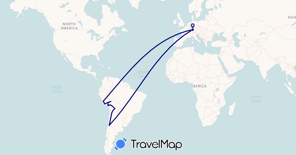 TravelMap itinerary: driving in Bolivia, Chile, Germany, Peru (Europe, South America)